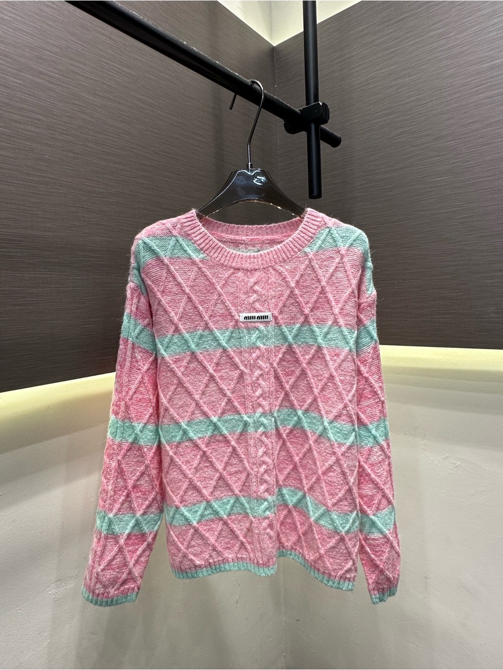 Miu Miu Pink and Mint Striped Diamond-Knit Crewneck Sweater